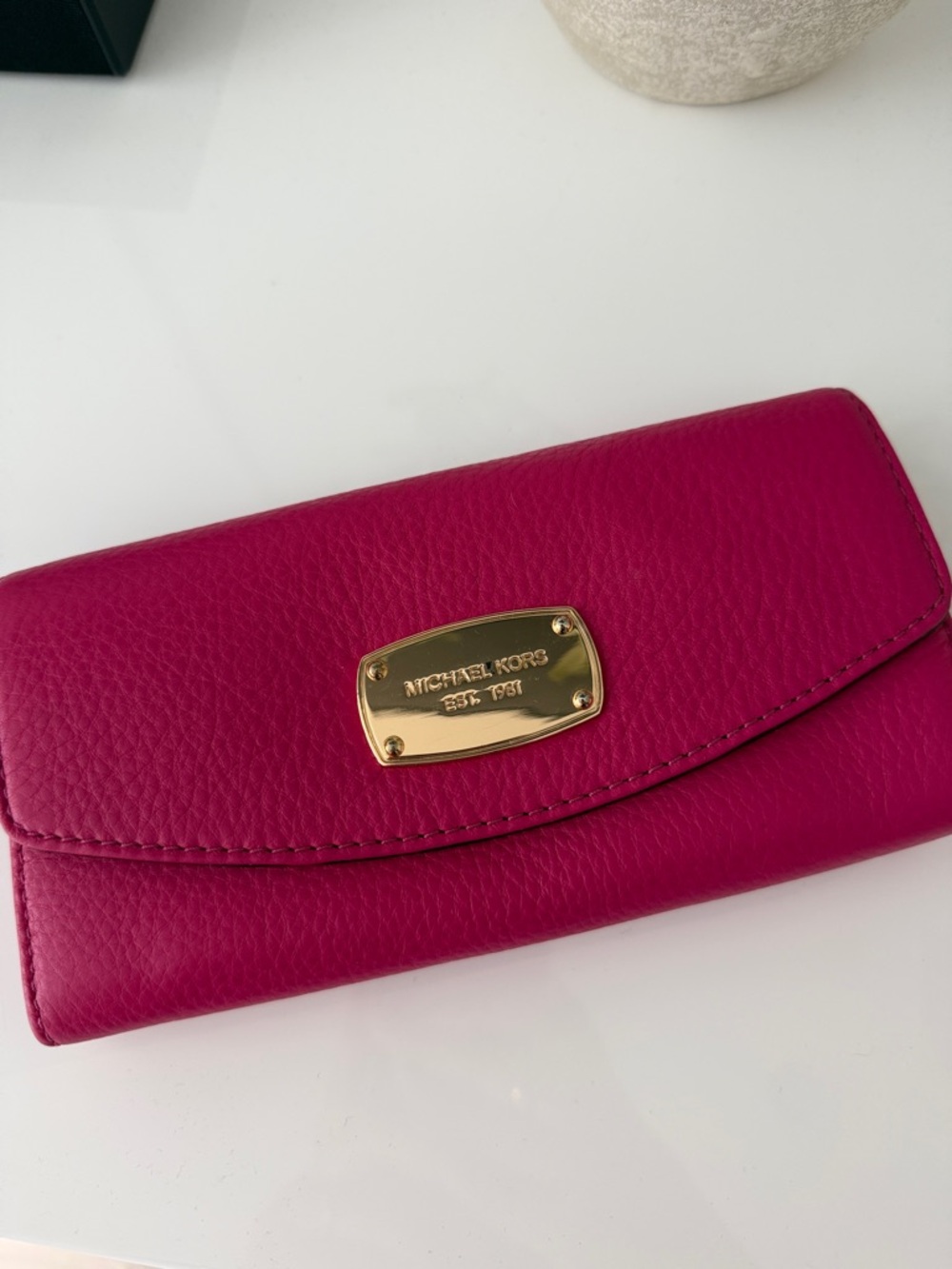 MICHAEL KORS Fuchsia Pebbled Leather Continental Wallet with Gold Plate